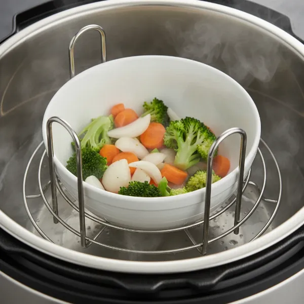 Stainless steel pressure cooker trivet lifting food above liquid for steaming, with handles.