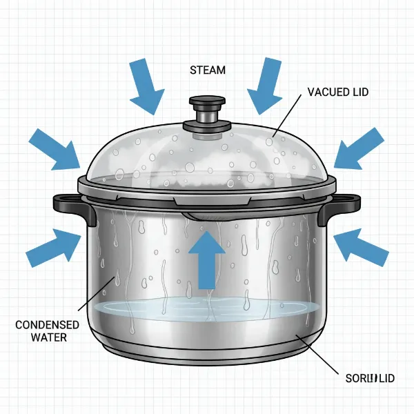 Diagram illustrating how a vacuum seal forms in a pressure cooker after cooling, pulling the lid down.