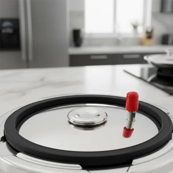 Prestige Deluxe Alpha pressure cooker with metallic safety plug, gasket release, pressure indicator.