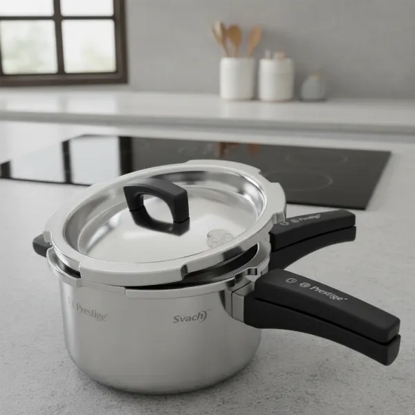Prestige Deluxe Alpha Svachh pressure cooker deep outer lid preventing spills, keeping kitchen clean.