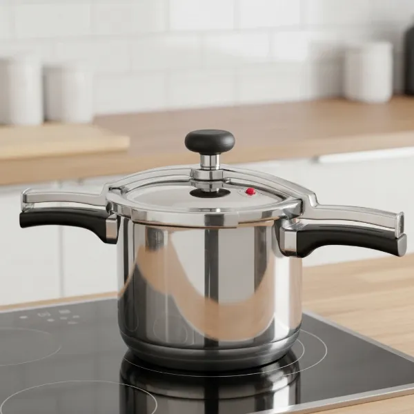 Presto 6-quart stainless steel pressure cooker on a stovetop with ergonomic handles.