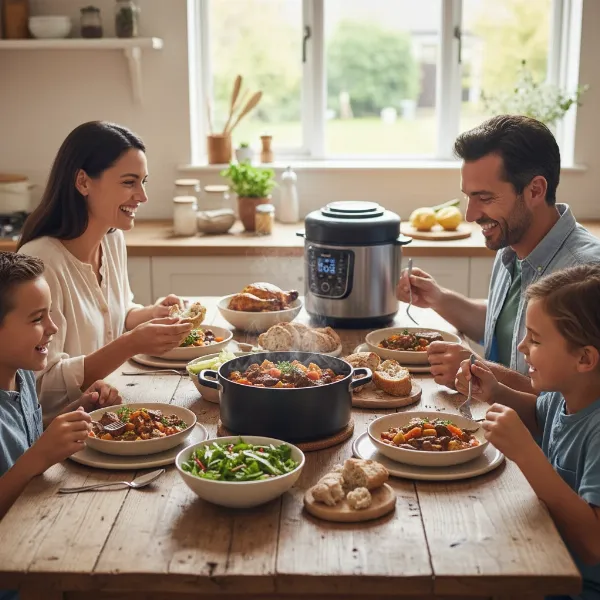A delicious home-cooked meal served on a table, prepared quickly using an electric pressure cooker.