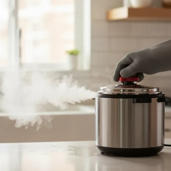 A pressure cooker releasing a strong jet of steam, with a hand carefully operating the valve.