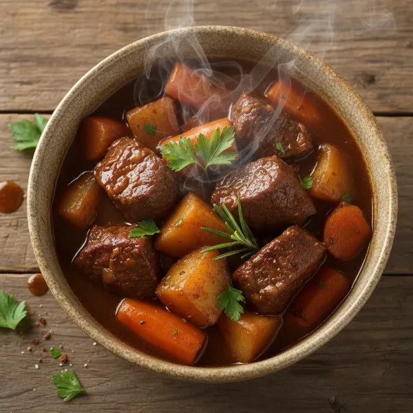 Delicious, tender pressure-cooked beef stew with vegetables, served in a bowl.