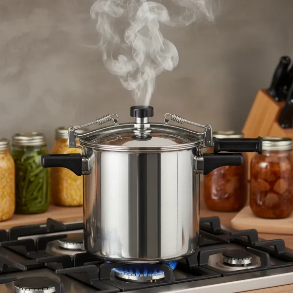 Modern pressure canner safely processing jars of vegetables and meat, indicating high temperature.