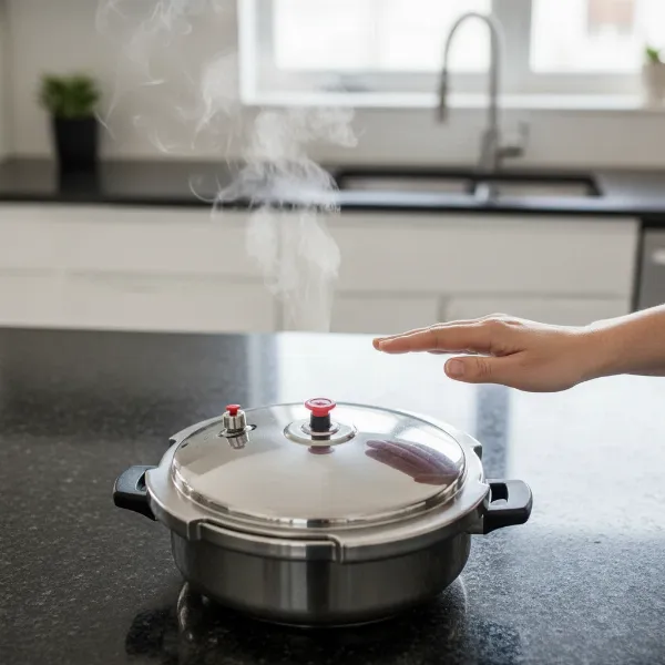Hand demonstrating safe natural pressure release from a Kuhn Rikon pressure cooker.