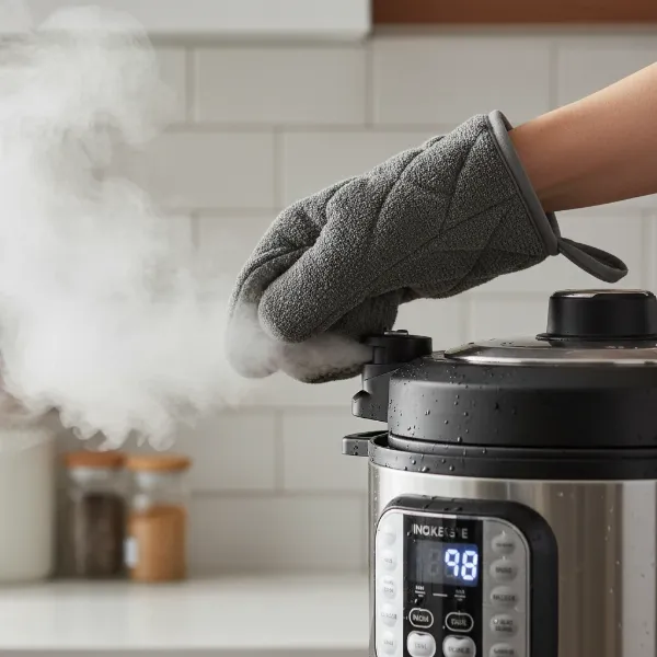 Person safely performing quick pressure release on an electric pressure cooker with correct hand placement.