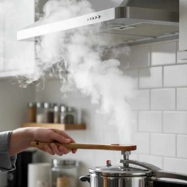 A hand safely releasing steam from a stovetop pressure cooker using a long-handled utensil.