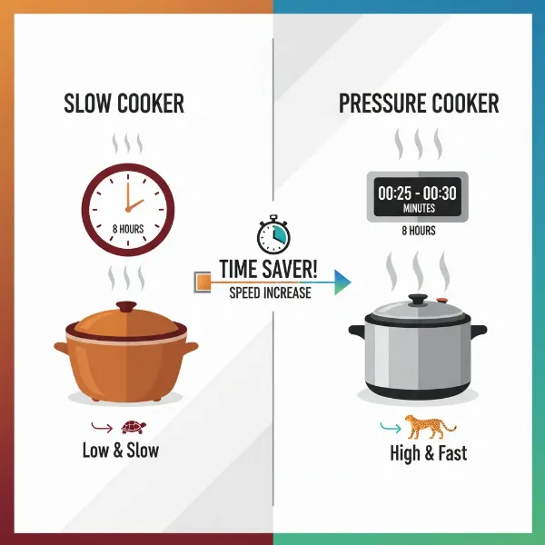 Visual representation of slow cooker time converted to pressure cooker time.