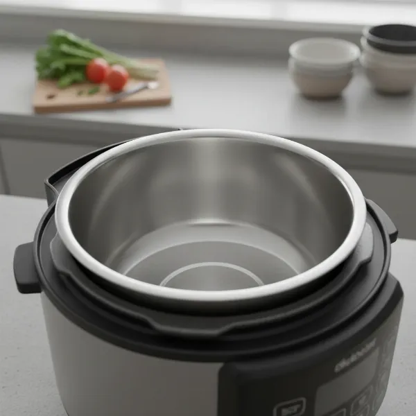 Close-up of a gleaming stainless steel inner pot in an electric pressure cooker, emphasizing its healthy, non-reactive surface.