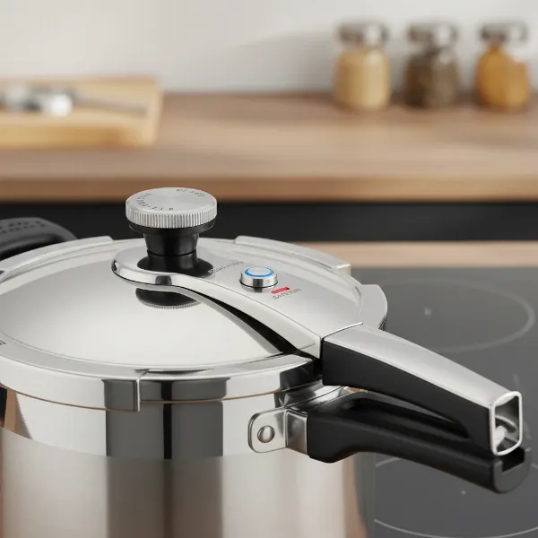 stainless steel pressure cooker showing multiple safety features and durable design