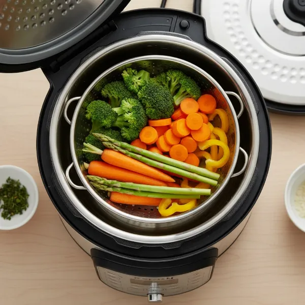 Stainless steel steamer basket and trivet inside a pressure cooker for Pot-in-Pot cooking.