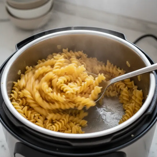 Perfectly cooked al dente pasta being stirred in a pressure cooker pot.