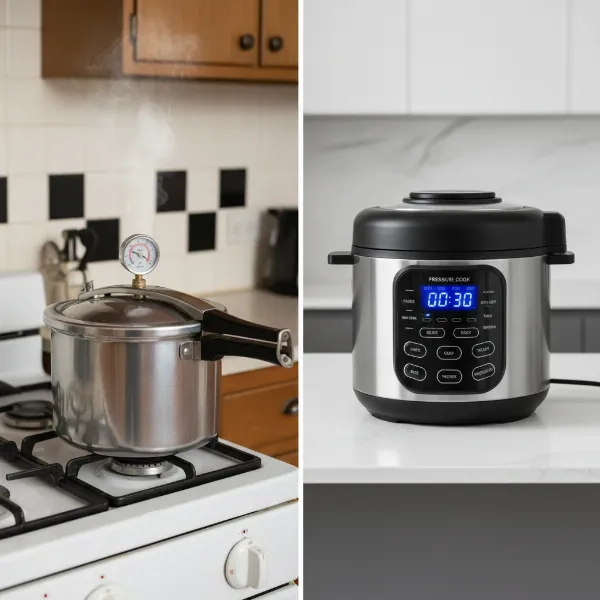 Visual comparison of an old stovetop pressure cooker and a modern electric multi-cooker.