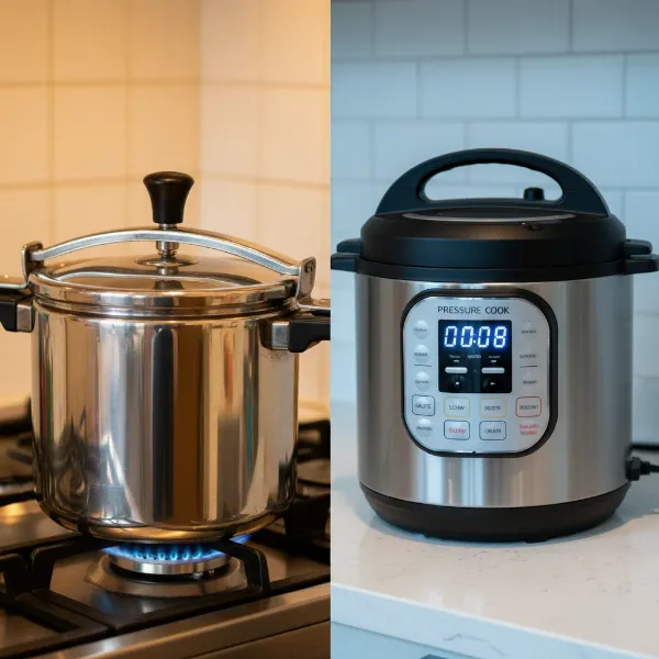 Stovetop and electric pressure cookers side-by-side highlighting their differences