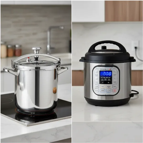 Side-by-side comparison of a stovetop and an electric pressure cooker showcasing their differences