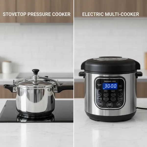 Side-by-side view of a traditional stovetop pressure cooker and a modern electric multi-cooker, showcasing different types.