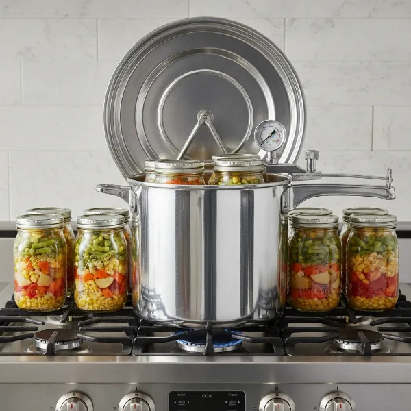 Stovetop pressure canner with jars inside, demonstrating food preservation process.