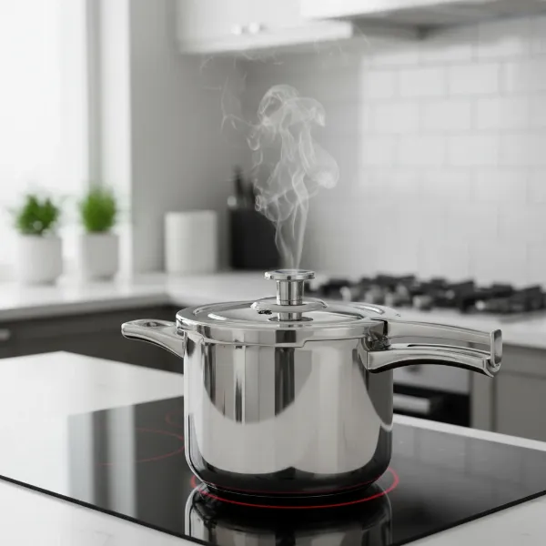 modern stainless steel pressure cooker releasing steam on induction hob