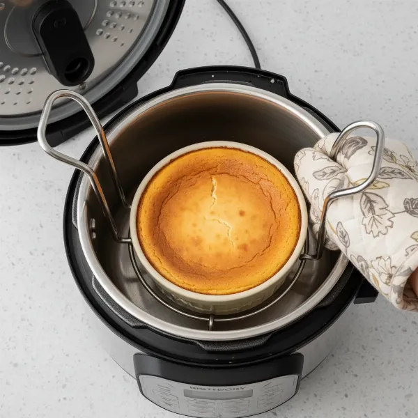 A person safely lifting a hot bowl of food from a pressure cooker using a trivet with robust handles.