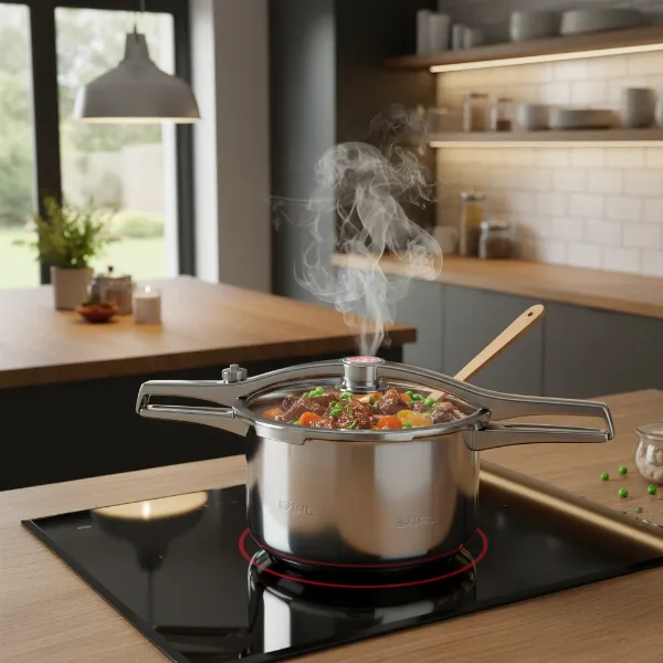 T-fal Clipso pressure cooker on an induction stovetop, actively cooking a delicious meal