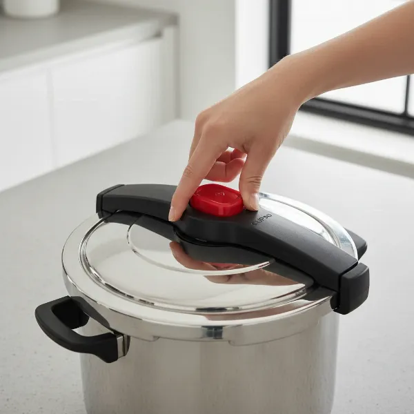 Close-up of T-fal Clipso pressure cooker lid with one-hand opening mechanism being operated