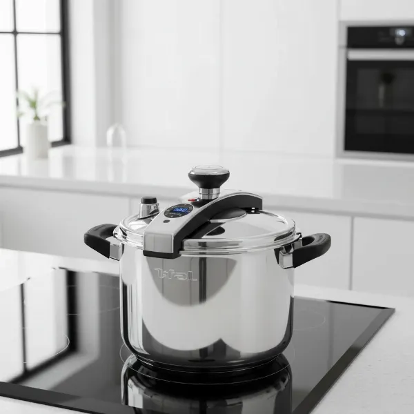T-fal ClipsoMinut Perfect pressure cooker on stovetop, stainless steel, modern design.