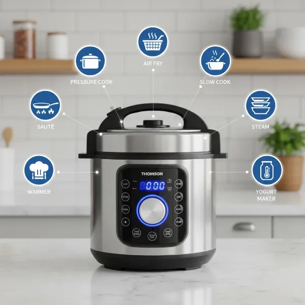 Thomson TFPC607 Electric Pressure Cooker showcasing its 9-in-1 multi-functional capabilities.