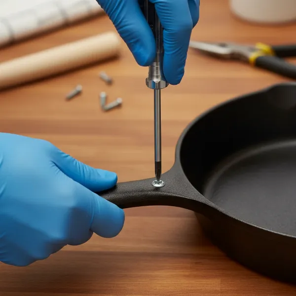 A person's hands using a screwdriver to tighten a loose screw on a stovetop cooker handle.