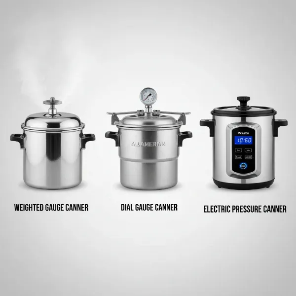 Visual comparison of weighted, dial, and electric pressure canners.