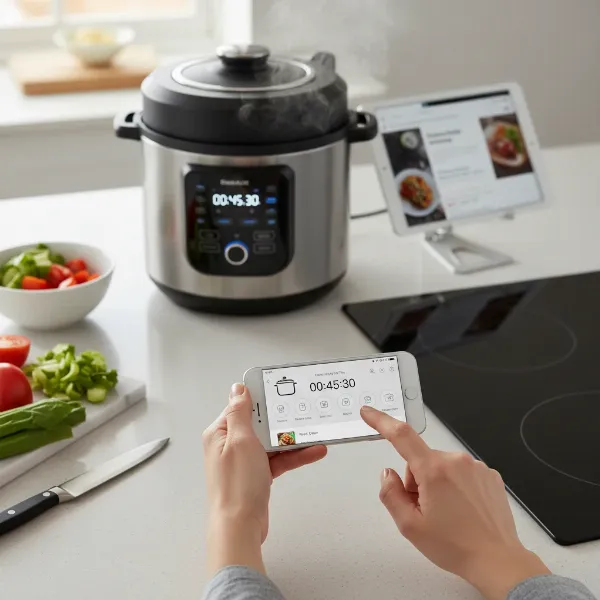 Person using a smartphone app to control a smart pressure cooker, showing remote convenience.