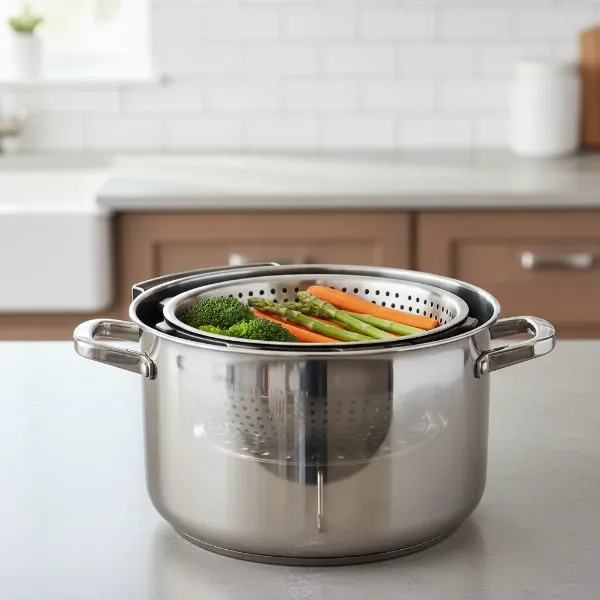 Viking 8-quart pressure cooker with steamer basket and trivet for versatile cooking options.