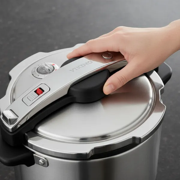 Close-up of Viking Stainless Steel Pressure Cooker's easy-lock lid mechanism for safe operation.
