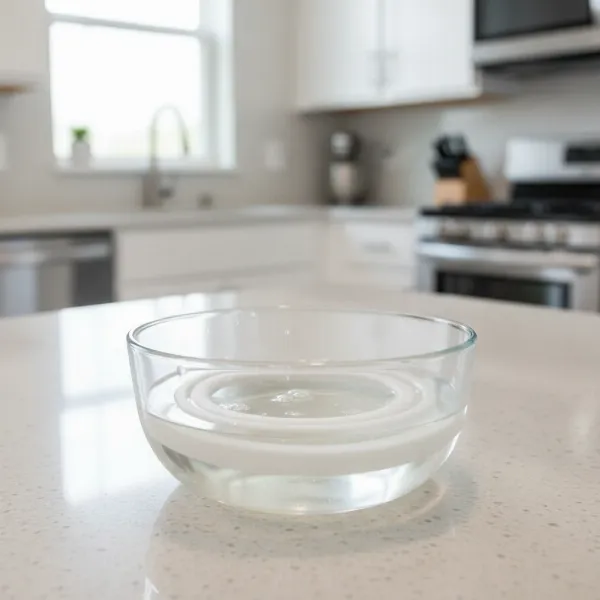 Silicone pressure cooker sealing ring soaking in a bowl of white vinegar solution.