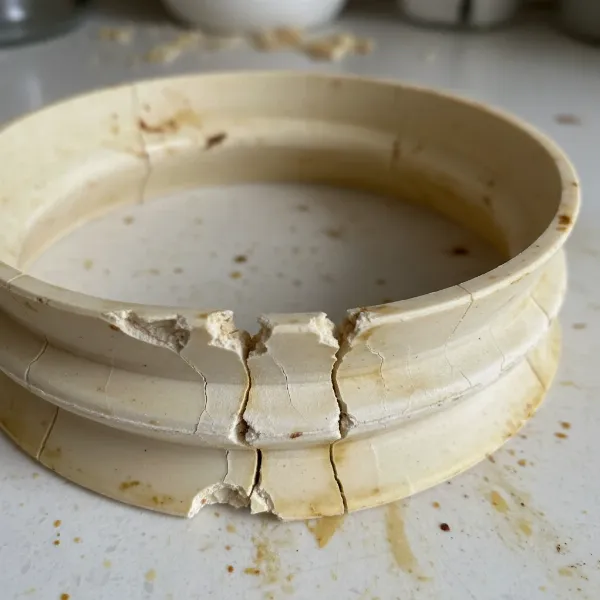 Close-up of a damaged, cracked, and discolored pressure cooker sealing ring, showing signs of wear and tear.