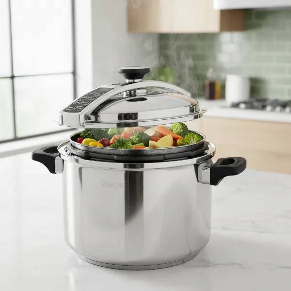 Zavor DUO 10-Quart pressure cooker with steaming basket and wire trivet on a kitchen counter