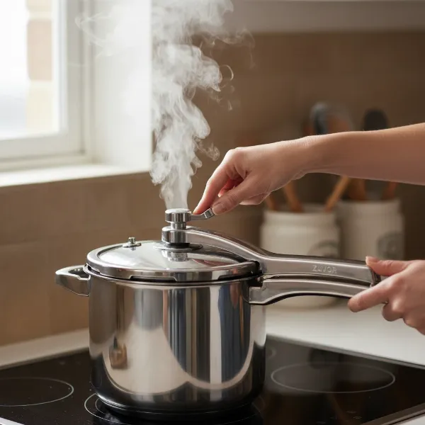 A user safely operating the Zavor DUO pressure cooker, releasing steam in a kitchen setting