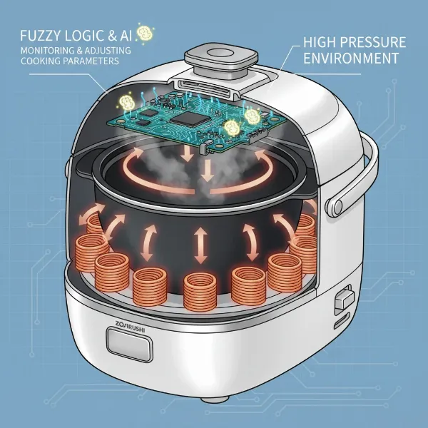 Diagram of Zojirushi rice cooker showing induction heating, pressure, fuzzy logic.