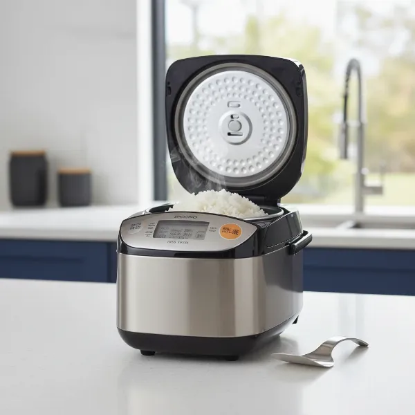 A Zojirushi Pressure IH Rice Cooker on a modern kitchen counter with perfect rice.